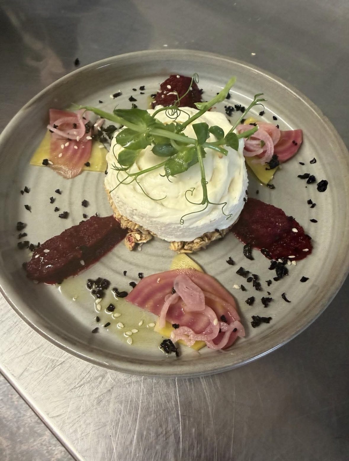 Whipped goats cheese with granola and a trio of beetroot